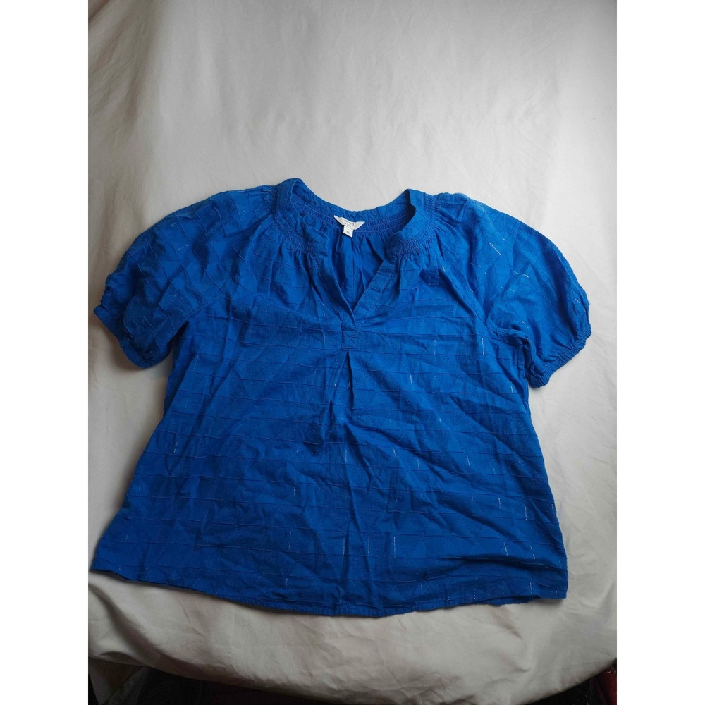 Crown & Ivy Womens Blue Textured Metallic Stripe Split Neck Peasant Blouse Large